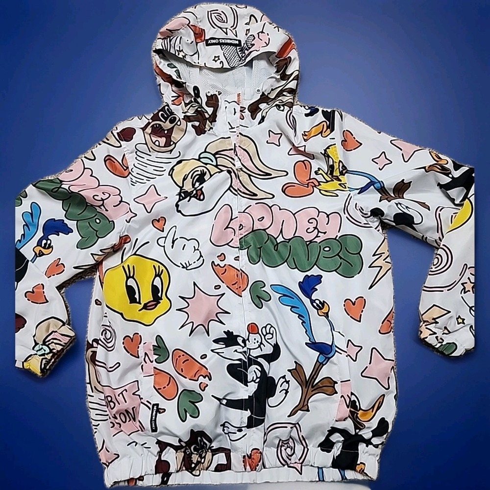 Looney Tunes Members Only Zip Jacket Windbreaker Medium White All Over Print